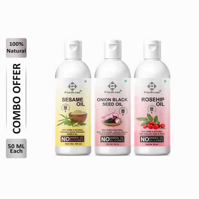 Puriflame Pure Sesame Oil (50 ml), Onion Black Seed Oil (50 ml) & Rosehip Oil (50 ml) Combo for Rapid Hair Growth (Pack Of 3) (B-13743)