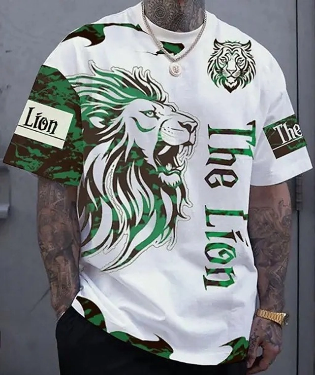 Round Neck Printed Oversized T-Shirt for Men (White & Green, S)