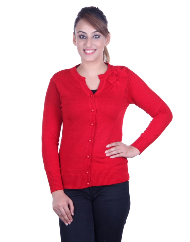 V Neck Solid Cardigans for Women (Red, M)