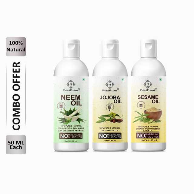 Puriflame Pure Neem Oil (50 ml), Jojoba Oil (50 ml) & Sesame Oil ( 50 ml) Combo for Rapid Hair Growth (Pack Of 3) (B-12145)