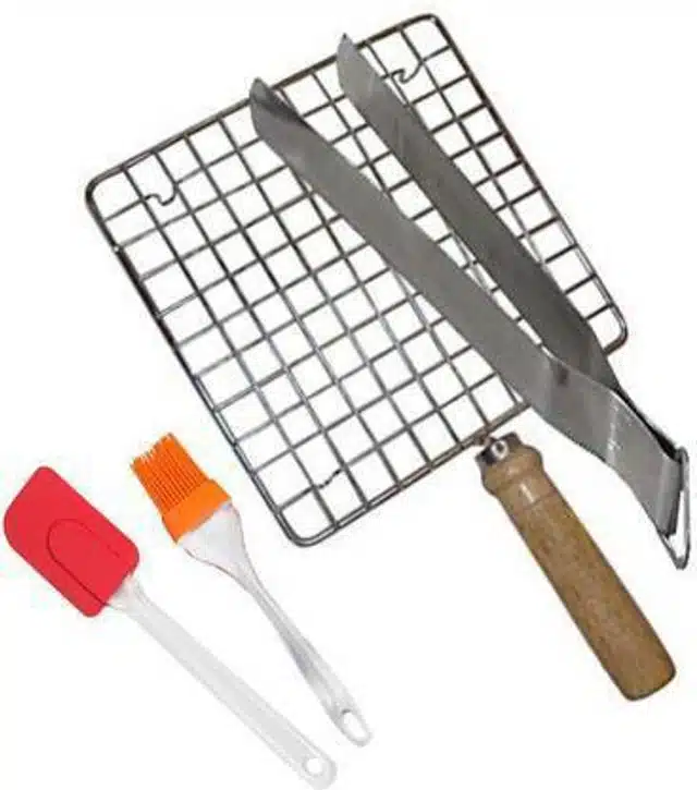 Stainless Steel Square Grill Roaster, Tong with Silicone Spatula & Oil Brush (Silver, Set of 4)