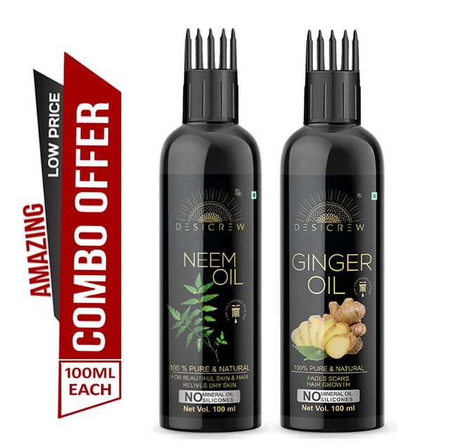 Desi Crew Pure Neem Oil & Ginger Oil For Skin, Body & Hair Care (Pack Of 2, 100 ml) (KGE-255)