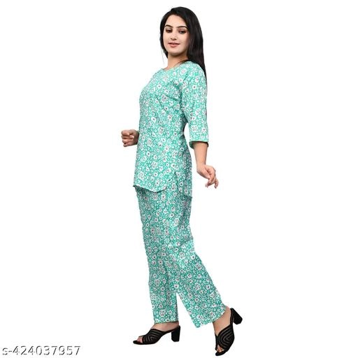 Rayon Printed Nightsuit for Women (Mint Green, S)