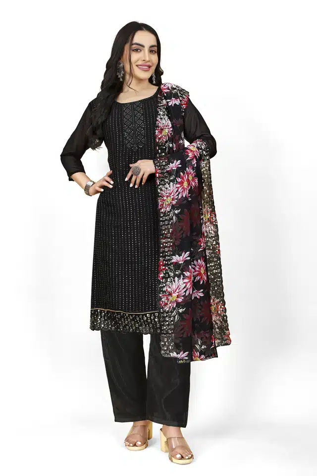 Embroidered Kurti with Pant and Dupatta (Black, L)