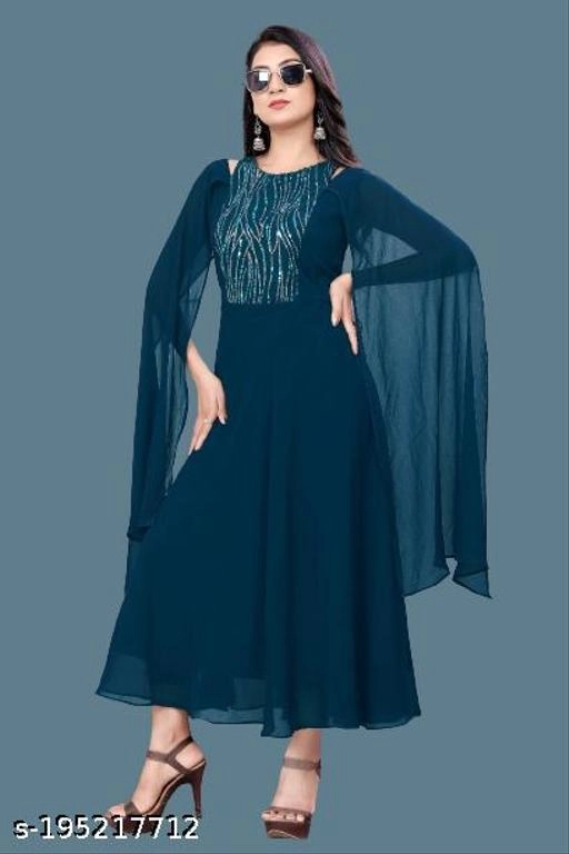 Georgette Embellished Dress for Women (Teal, S)