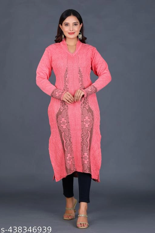 Woolen Printed Kurti for Women (Pink, L)