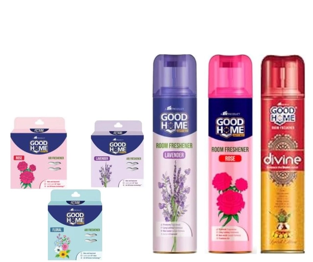 Combo of Goodhome Lavender, Divine & Rose Room Freshener (130 g, Pack of 3) with 3 Pcs Free Hanging Sachet (Set of 6)