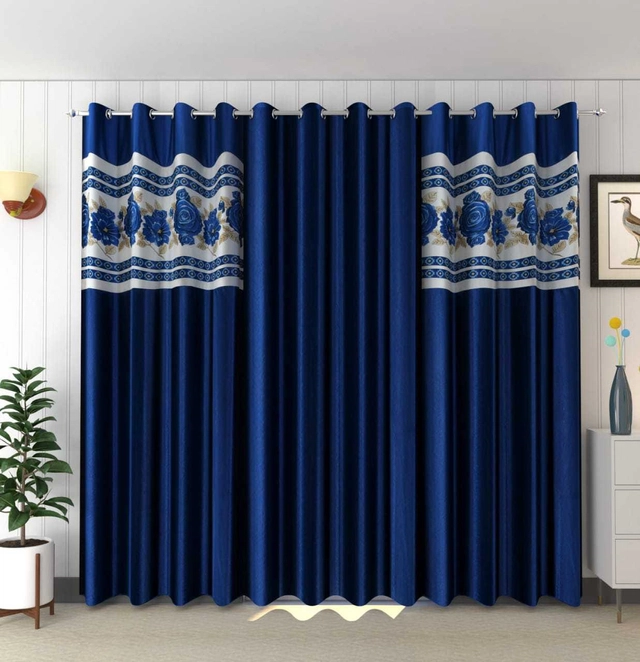 Polyester Room Darkening Printed Door Curtains (Blue, 7 Feet) (Set of 3)