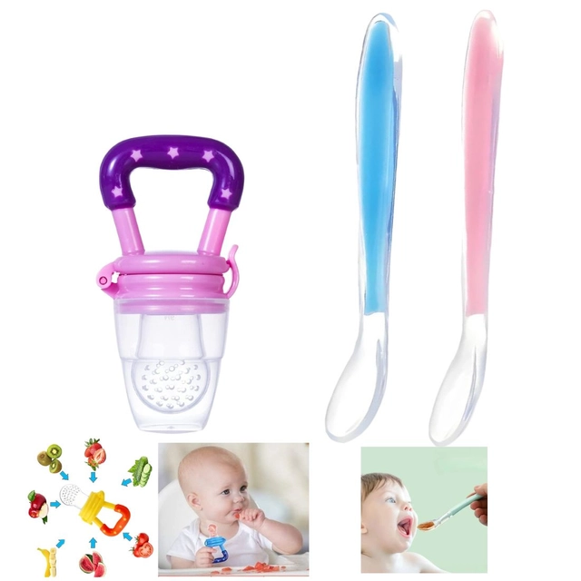 Combo of Silicone 2 Pcs Feeding Spoon & Fruit Nibbler for Baby (Multicolor, Set of 3)