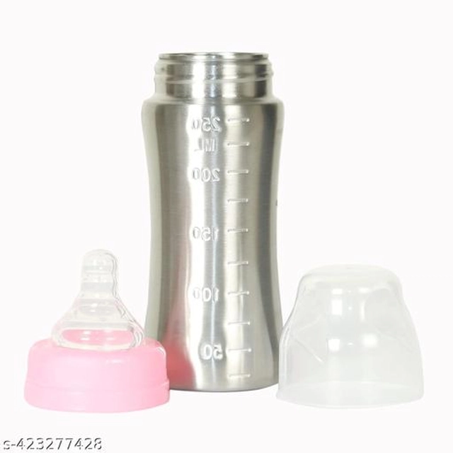 Stainless Steel Milk Bottle for Baby (Silver & Pink, 250 ml)