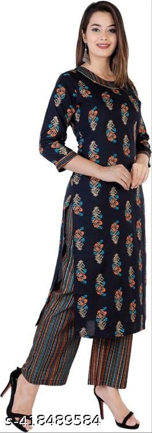 Rayon Printed Kurti with Pant for Women (Black, S)