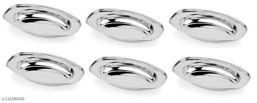 Stainless Steel Serving Plate (Silver, Pack of 6)