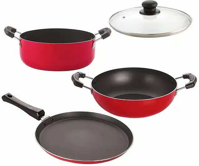 Aluminium Nonstick Cookwear Set with Glass Lid (Red, Set of 4)