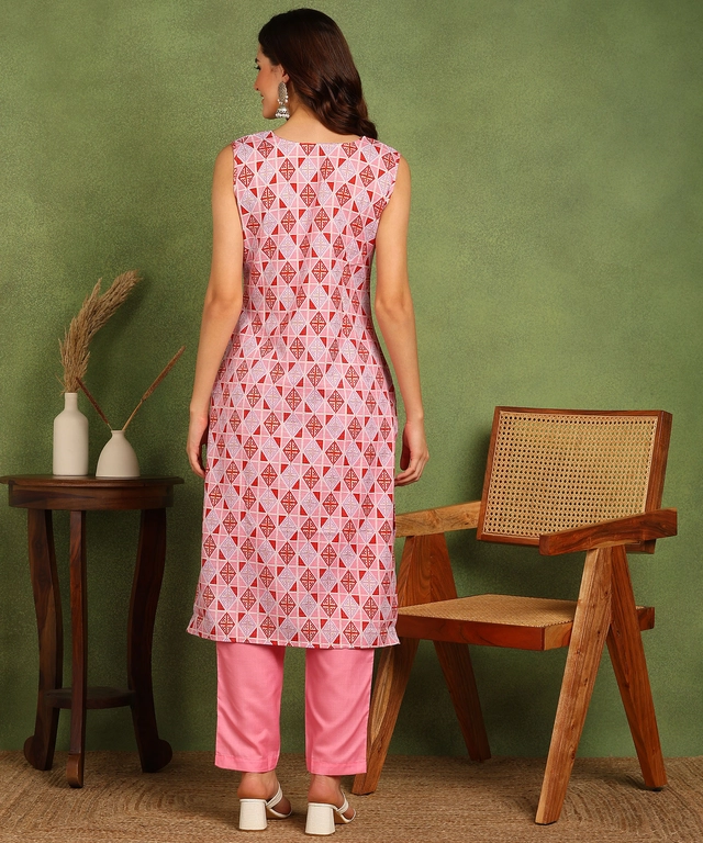 Cotton Blend Printed Kurti with Pant for Women (Pink, S)