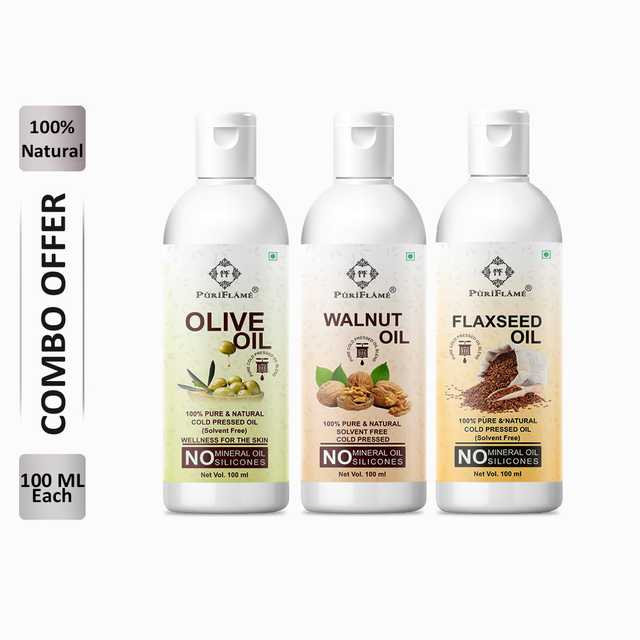 PuriFlame Pure Olive Oil (100 ml) & Walnut Oil (100 ml) & Flaxseed Oil (100 ml) Combo For Rapid Hair Growth (Pack Of 3) (B-6343)