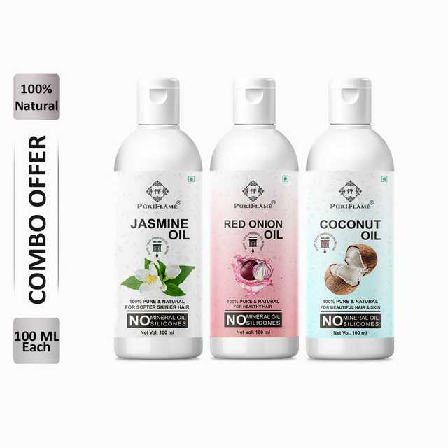 PuriFlame Pure Jasmine Oil (100 ml) & Red Onion Oil (100 ml) & Coconut Oil (100 ml) Combo For Rapid Hair Growth (Pack Of 3) (B-4921)