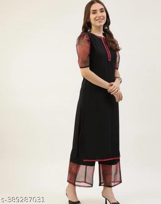 Organza Solid Kurti with Pant & Dupatta for Women (Black & Red, XS)