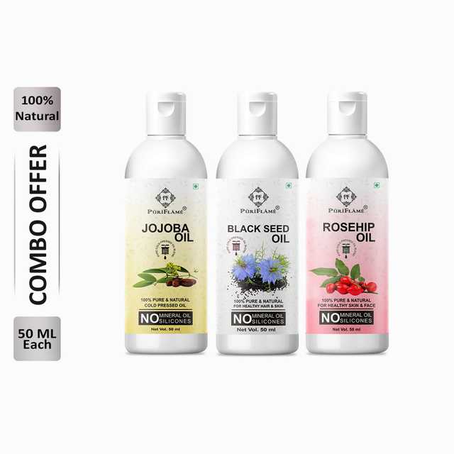 Puriflame Pure Jojoba Oil (50 ml), Black Seed Oil (50 ml) & Rosehip Oil ( 50 ml) Combo for Rapid Hair Growth (Pack Of 3) (B-11430)