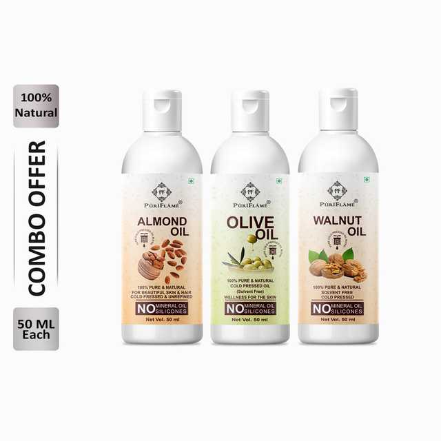 Puriflame Pure Almond Oil (50 ml), Olive Oil (50 ml) & Walnut Oil (50 ml) Combo for Rapid Hair Growth (Pack Of 3) (B-8814)