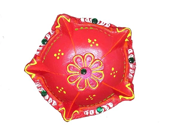 Suninow Handpainted Terracotta Diya (Red)