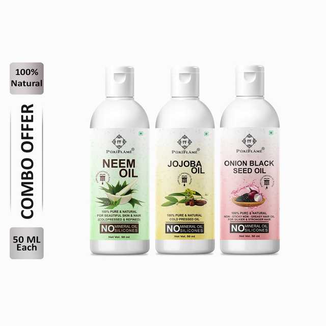 Puriflame Pure Neem Oil (50 ml), Jojoba Oil (50 ml) & Onion Black Seed Oil (50 ml) Combo for Rapid Hair Growth (Pack Of 3) (B-12142)
