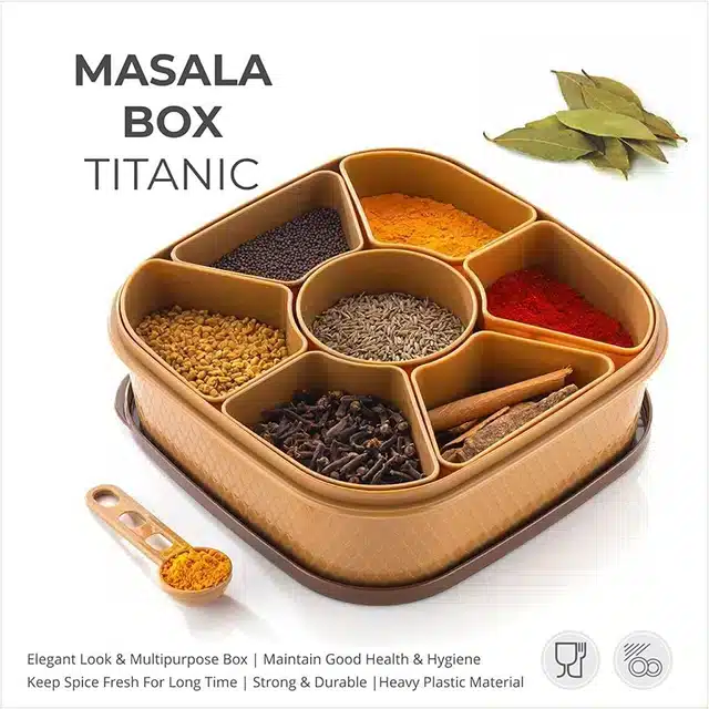 The Dark Wolf Masala Rangoli Box Dabba For Keeping Spices, Spice Box For Kitchen, Masala Container, Plastic Wooden Style, 7 Sections (Multi Colour)