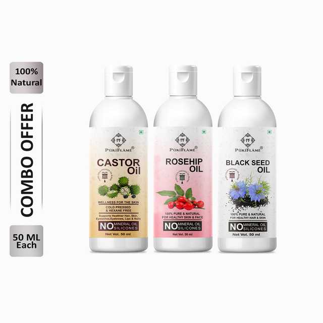 Puriflame Pure Castor Oil (50 ml), Rosehip Oil (50 ml) & Black Seed Oil (50 ml) Combo for Rapid Hair Growth (Pack Of 3) (B-10077)