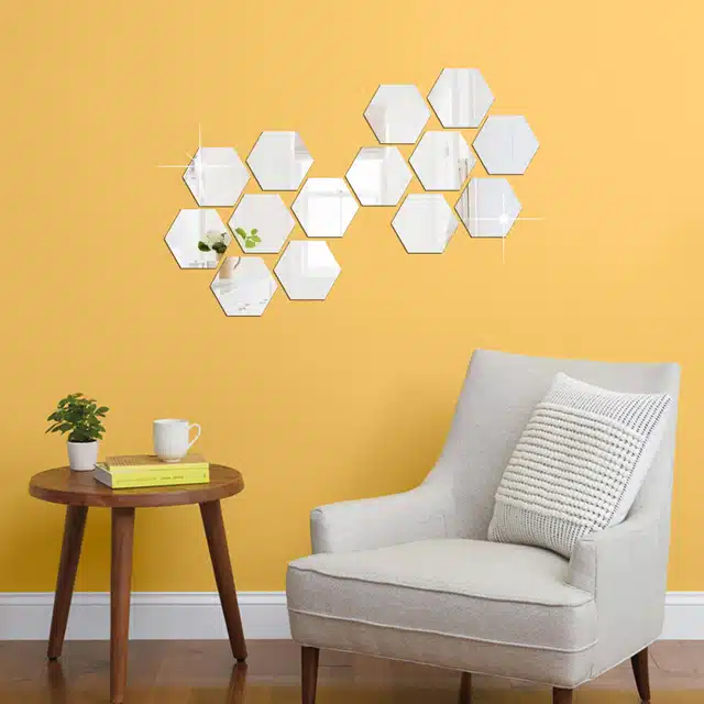 Acrylic Hexagon Shaped Wall Mirror Stickers (Silver, Pack of 14)