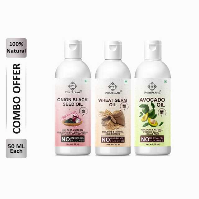 Puriflame Pure Onion Black Seed Oil (50 ml), Wheat Germ Oil (50 ml) & Avocado Oil (50 ml) Combo for Rapid Hair Growth (Pack of 3) (B-12880)
