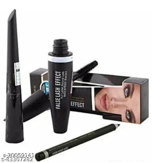 Mascara with Eyebrow Pencil & Eye Liner (Black, Set of 3)