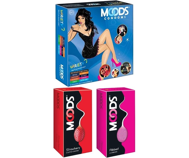 Moods Strawberry with Ribbed (2x12 Pcs) & Variety (16 Pcs) Dotted Condoms for Men (Set of 3)