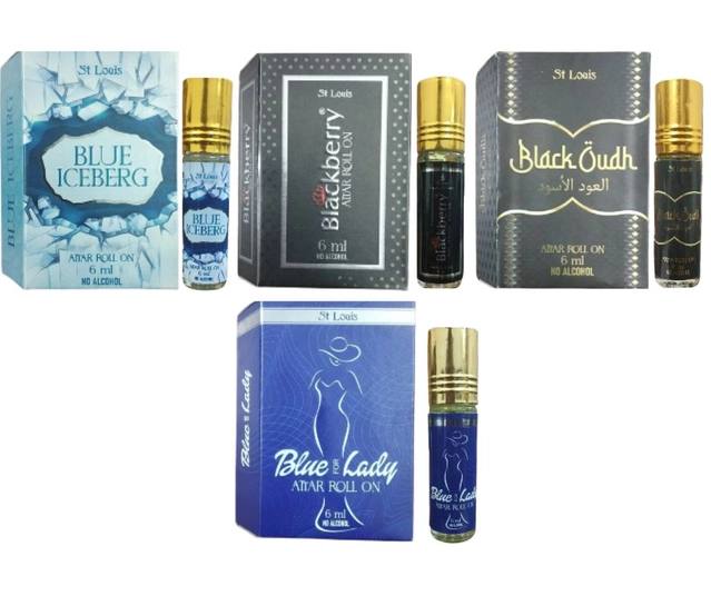 Black Oudh with Blackberry, Blue Ice Berg & Blue for Lady Attar Roll On (6 ml, Pack of 4)