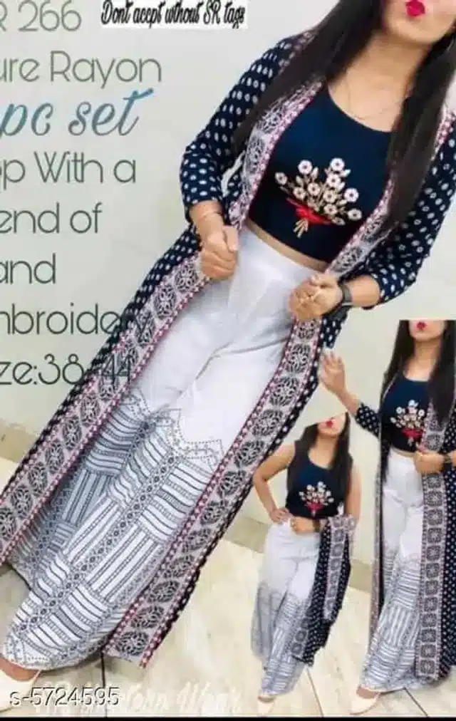 Women Rayon Embroidered Crop Top Kurti With Palazzos