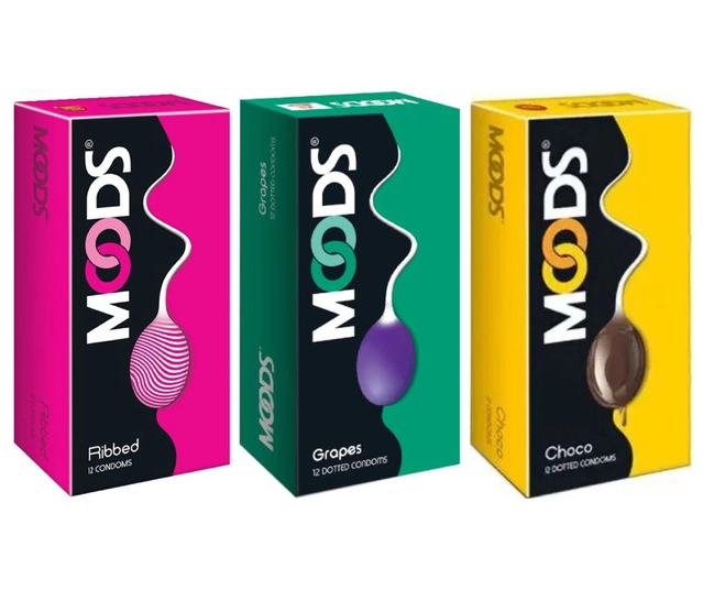 Moods Grapes with Ribbed & Choco 12 Pcs Dotted Condoms for Men (Set of 3)