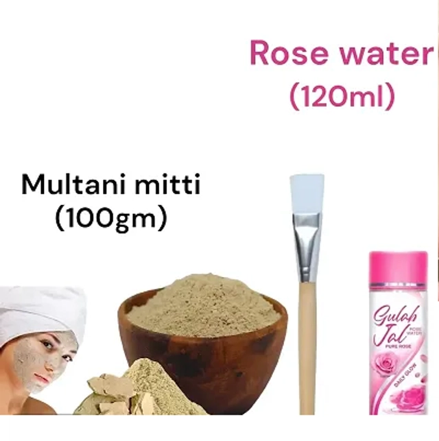 Combo of Daily Glow Natural Gulab Jal (120 ml) & Multani Mitti Face Pack (100 g) with Brush (Multicolor, Set of 3)