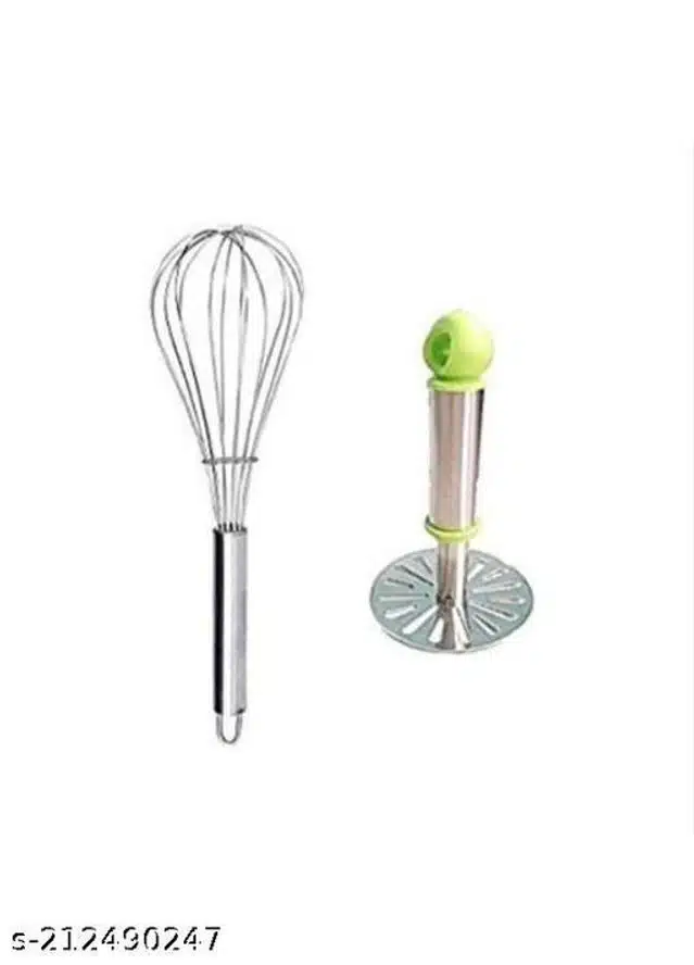 Stainless Steel Egg Beater with Masher (Silver, Set of 2)