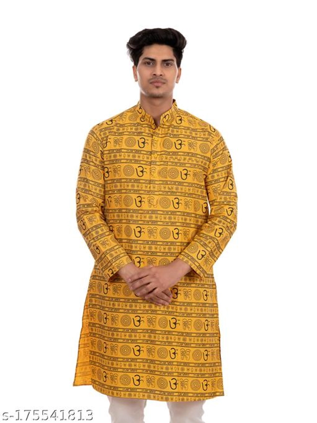 Cotton Blend Kurta for Men (Yellow, S)