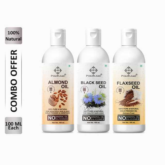 PuriFlame Pure Almond Oil (100 ml) & Blackseed Oil (100 ml) & Flaxseed Oil (100 ml) Combo For Rapid Hair Growth (Pack Of 3) (B-1644)