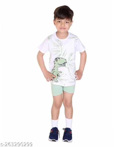 Cotton Printed Clothing Set for Boys (White & Sea Green, 6-9 Months)