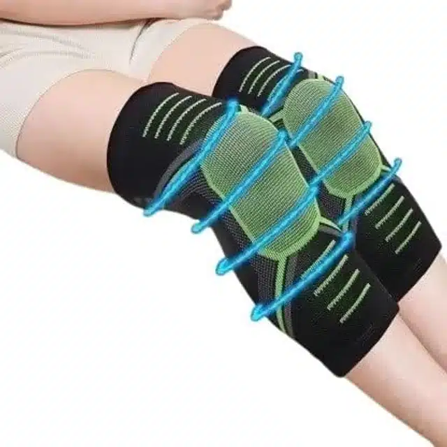 Cotton Elastic Knee Support Sleeves for Men & Women (Green & Black, Pack of 2)