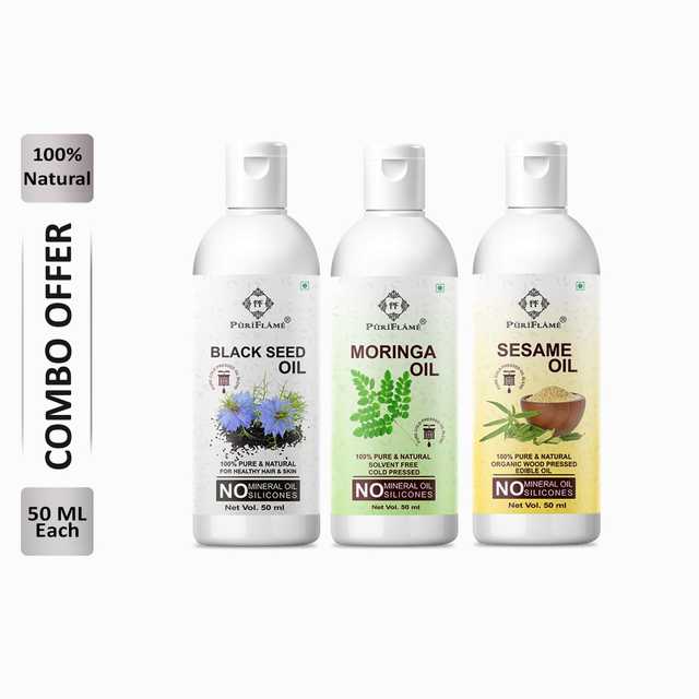 Puriflame Pure Black Seed Oil (50 ml), Moringa Oil (50 ml) & Sesame Oil (50 ml) Combo for Rapid Hair Growth (Pack of 3) (B-9697)