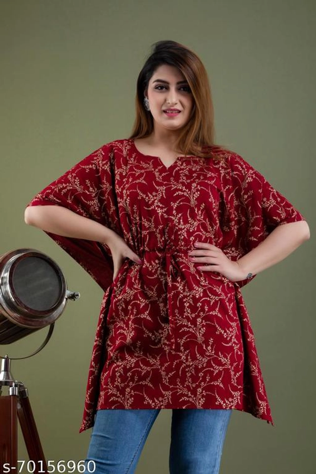 Rayon Printed Kaftan Top for Women (Maroon, S)