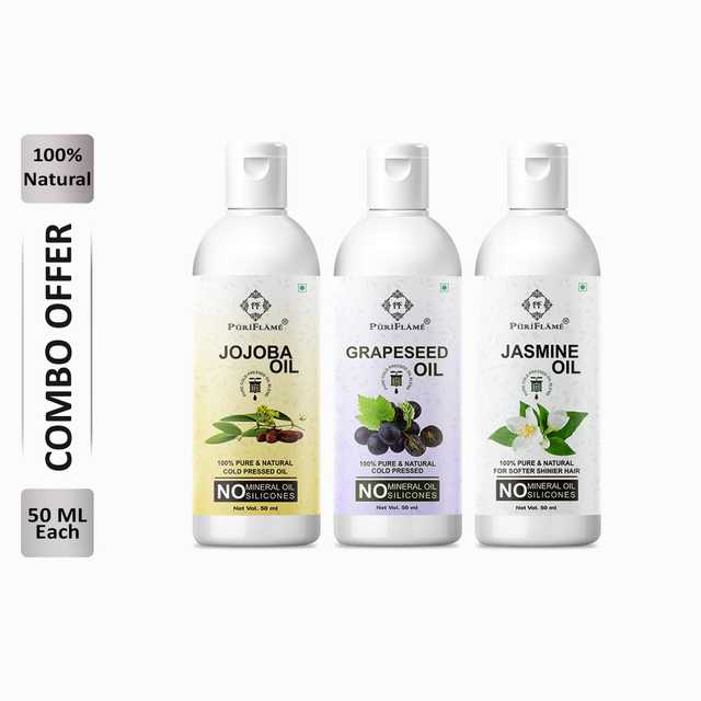 Puriflame Pure Jojoba Oil (50 ml), Grapeseed Oil (50 ml) & Jasmine Oil (50 ml) Combo for Rapid Hair Growth (Pack Of 3) (B-11492)