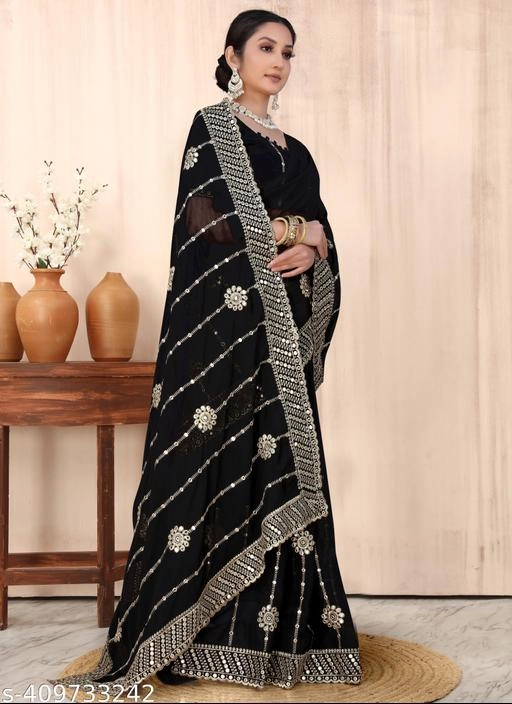 Georgette Embroidered Saree for Women (Black, 6.3 m)