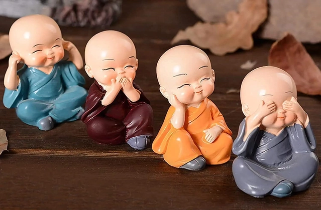 Polyresin Baby Monks Showpiece for Car Dashboard (Multicolor, Pack of 4)