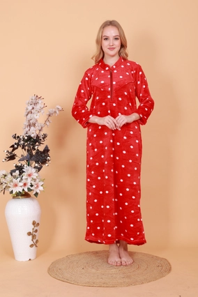 Woolen Polka Dots Nightdress for Women (Red, Free Size)