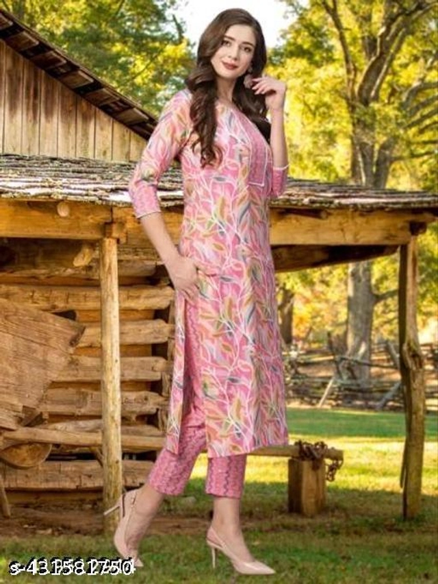 Cotton Printed Kurti with Pant for Women (Pink, S)