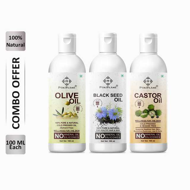 PuriFlame Pure Olive Oil (100 ml) & Blackseed Oil (100 ml) & Castor Oil (100 ml) Combo For Rapid Hair Growth (Pack Of 3) (B-6106)