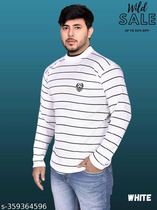 Woolen Striped Sweater for Men (White, M)