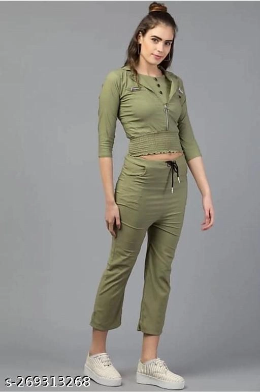 Cotton Blend Solid Top & Bottom Set for Women (Olive, L)